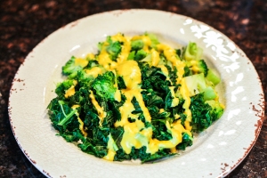 Steamed Greens with Smokey Non Cheddar Sauce 003